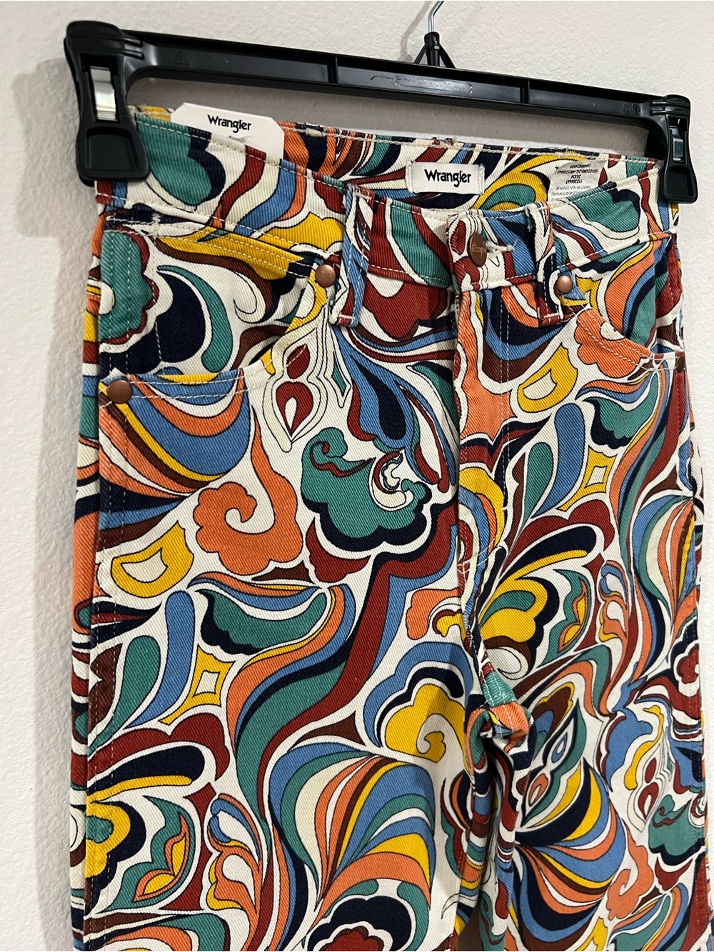 Wrangler Retro High Rise Flare Jeans 24 Psychedelic Paisley Print Festival Denim - Picture 3 of 7